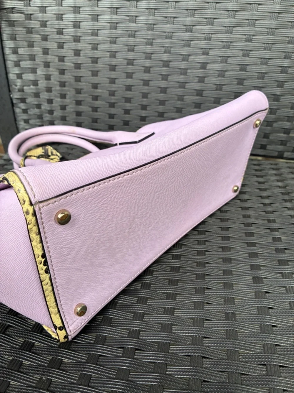 kate spade lilac satchel with yellow snake-print trim
